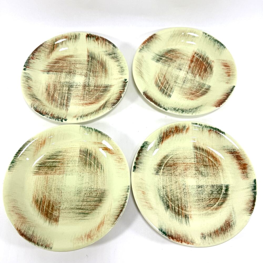 4 Vintage Bread Plates Vernon Ware Raffia Green Brown MCM Dinnerware Appetizer